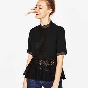 Zara Woman Contrast Peplum Lace Top